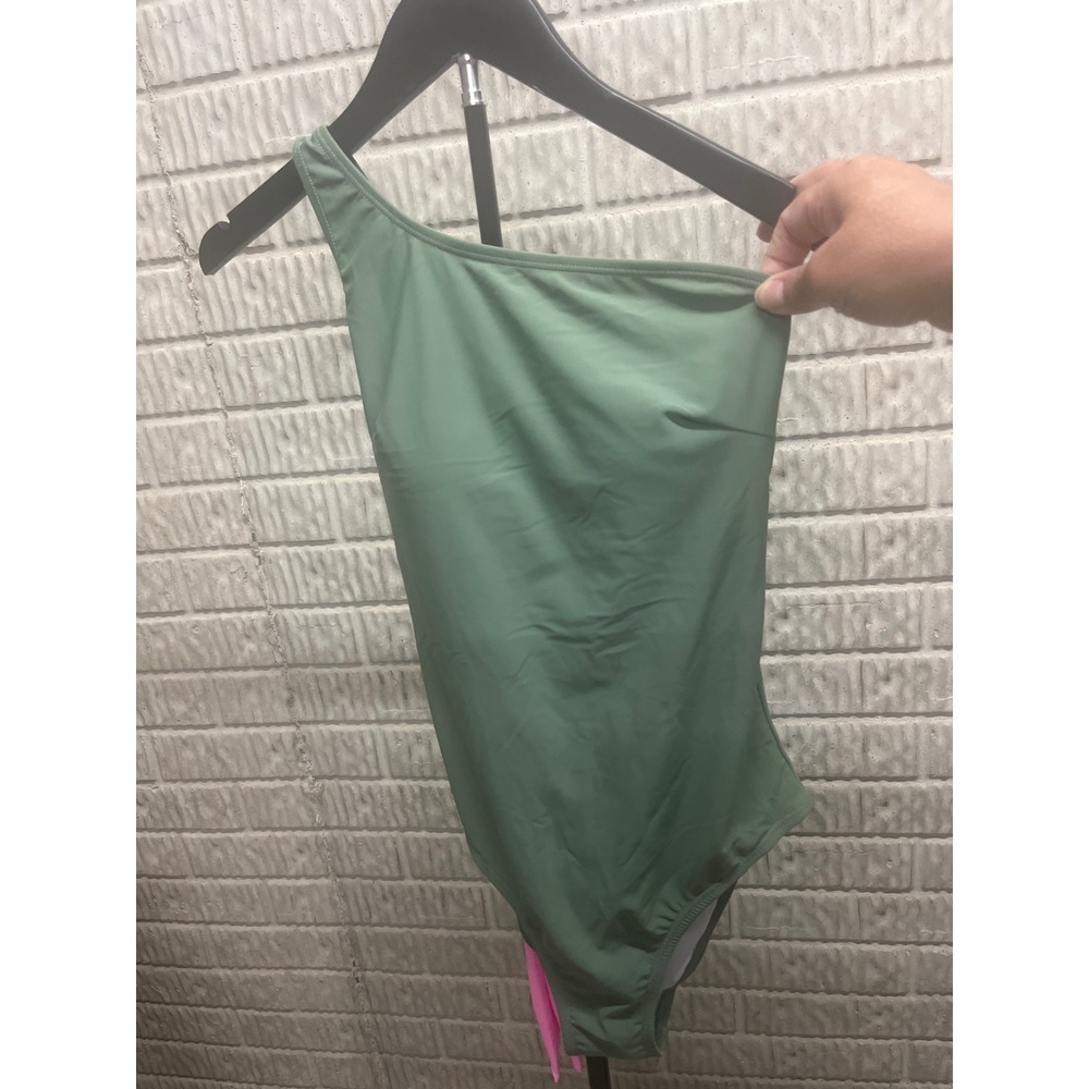 Sage Green One Shoulder One Piece Swimsuit Neon Pink Tie Back Size S‎